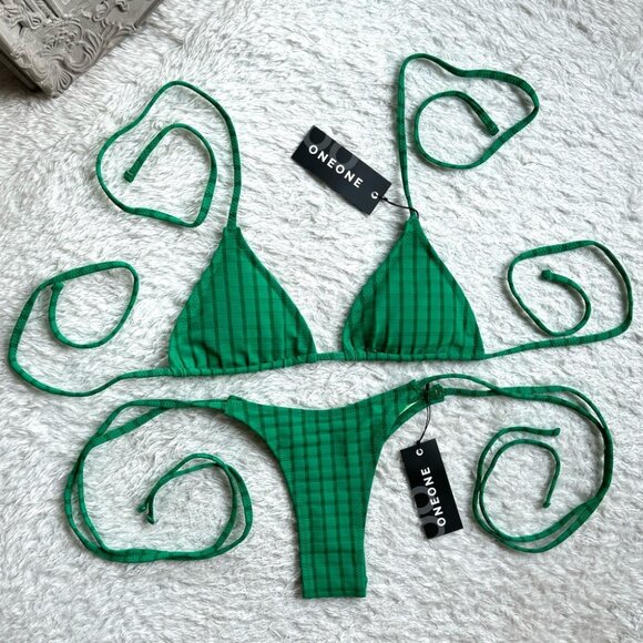 NWT OneOne Swimwear Bikini Set Pine Green Ariel Triangle New Padded Rare Medium - Picture 1 of 7
